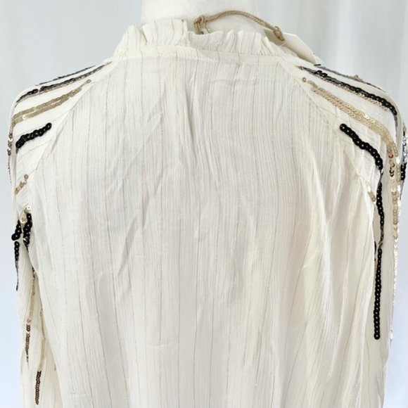 New Free The Roses Sequin Striped Tassel Tie Peasant Top Ivory Black Gold Medium - Picture 10 of 16